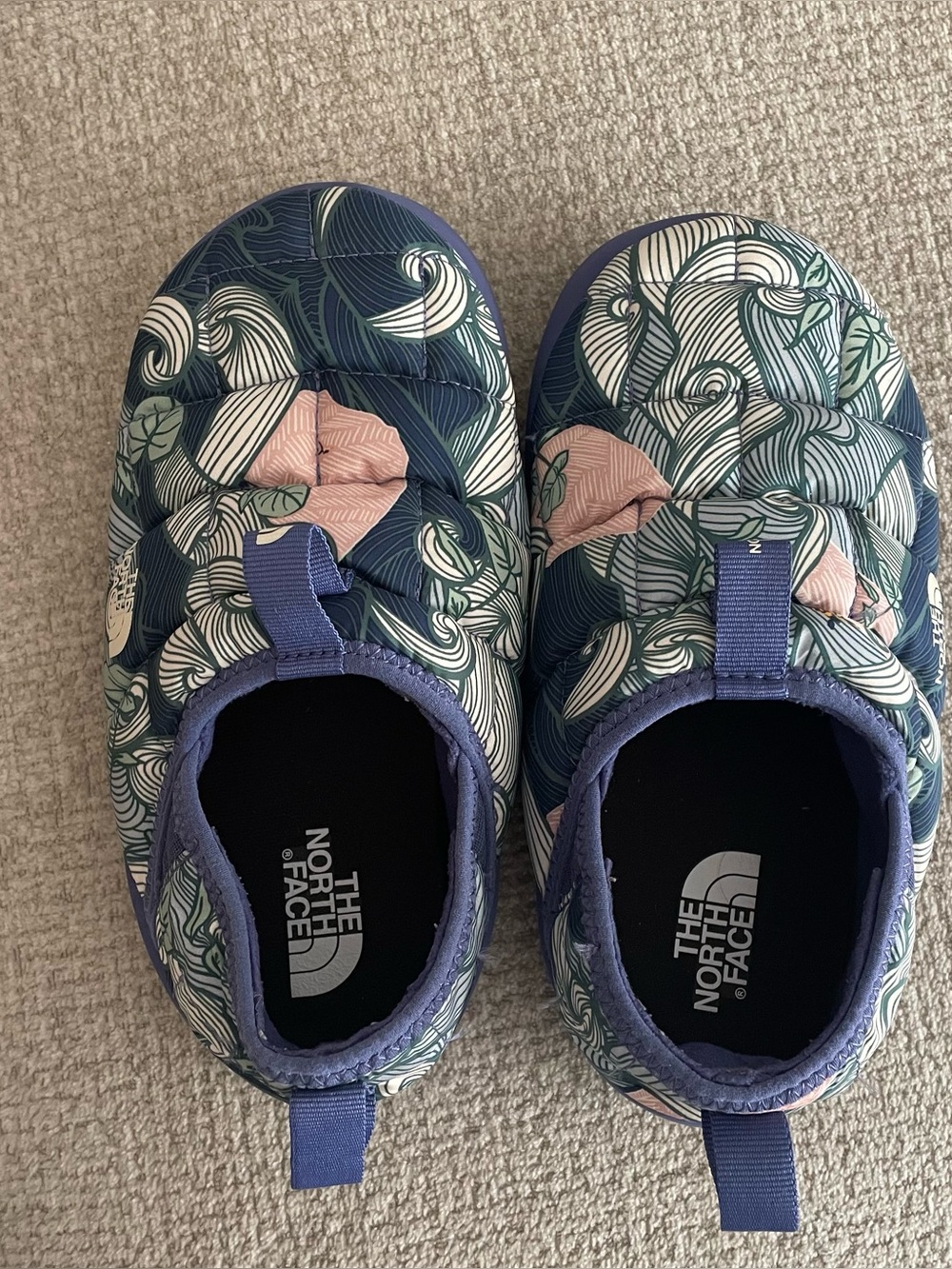The North Face Kids Quilted Slip-On Slippers in Navy, Pink & Green Floral